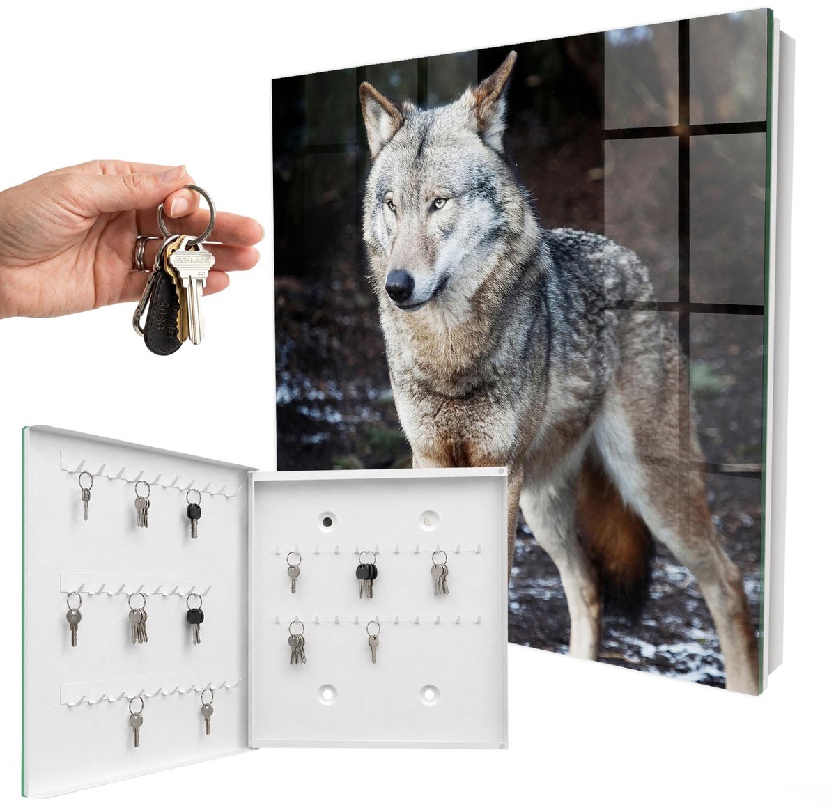 WallMuralia - Sleutelkast - 30x30x5 cm - met 50 haken - Wolf In Het Bos Sleutelkastje - Grijs Sleutelbox - Linksopenend - Wit interieur