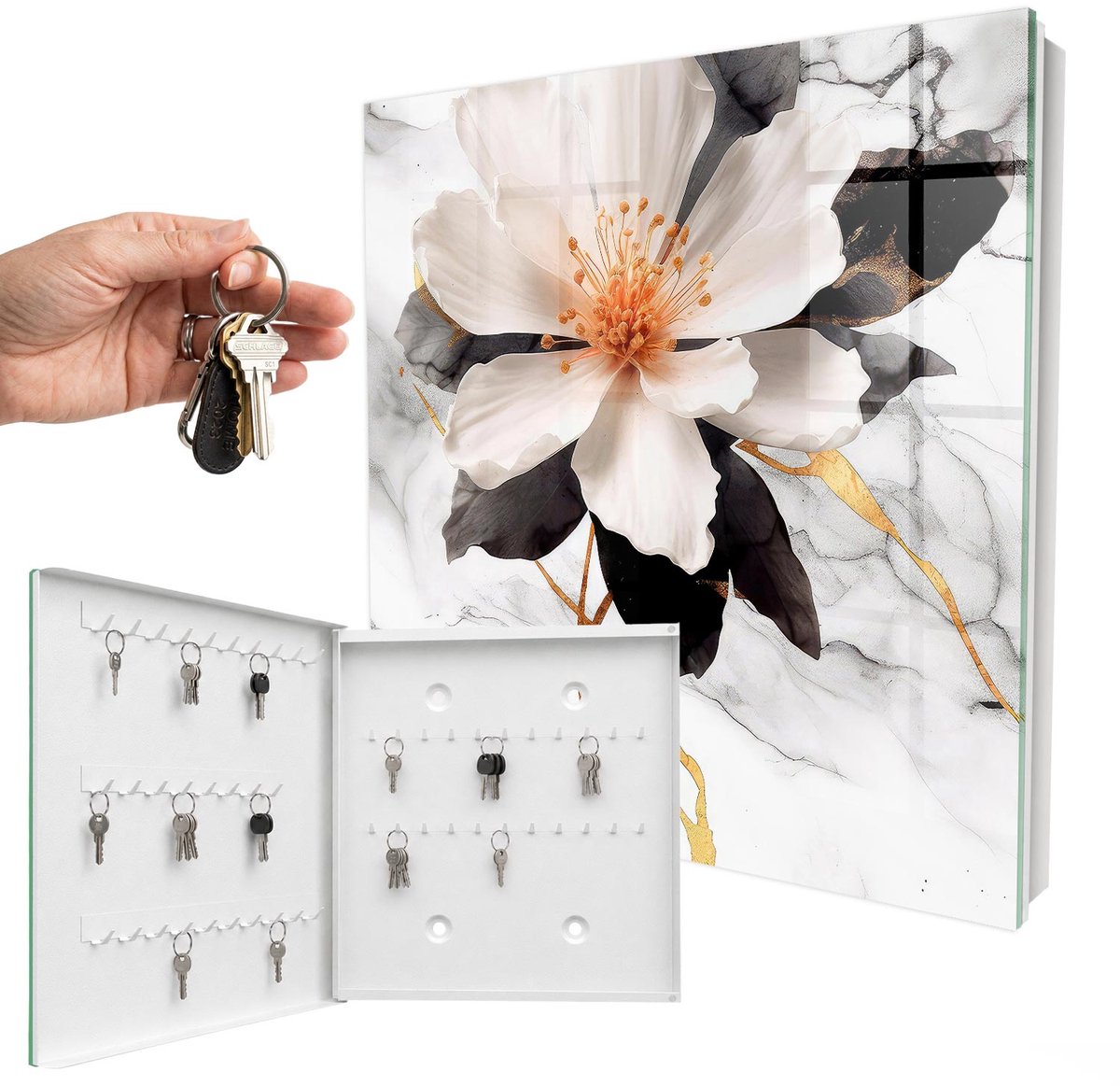 WallMuralia - Sleutelkast - 30x30x5 cm - met 50 haken - Bloemenpracht Sleutelkastje Hal - Wit Sleutelbox - Linksopenend - Wit interieur