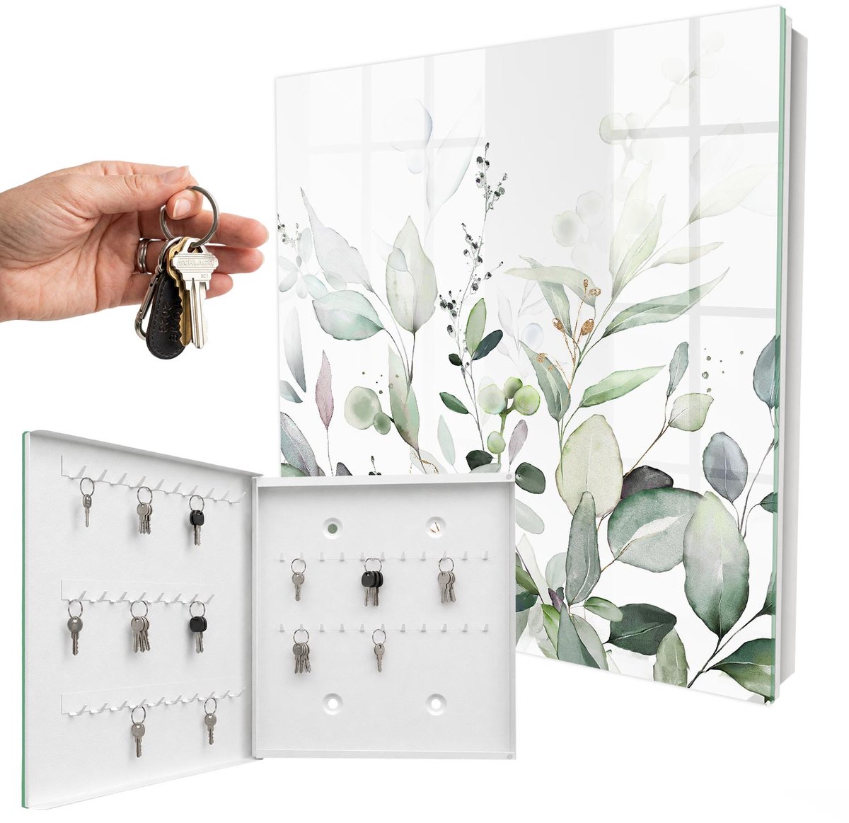 WallMuralia - Sleutelkast - 30x30x5 cm - met 50 haken - Groene Elegantie Sleutelkastje - Groente Sleutelbox - Linksopenend - Wit interieur