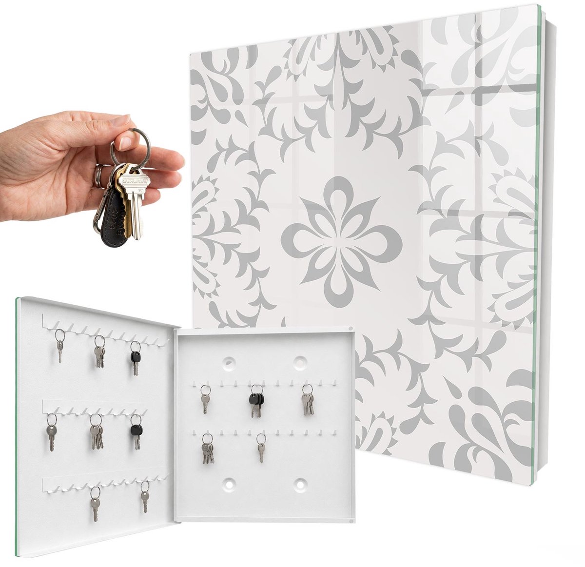 WallMuralia - Sleutelkast - 30x30x5 cm - met 50 haken - Elegante Symmetrie Sleutelkastje Huis - Grijs Sleutelbox - Linksopenend - Wit interieur