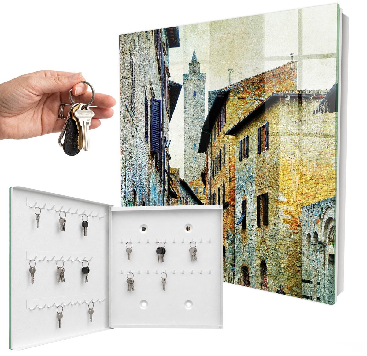 WallMuralia - Sleutelkast - 30x30x5 cm - met 50 haken - Middellandse Zeestraat Sleutelkastje Industrieel - Beige Sleutelbox - Linksopenend - Wit interieur