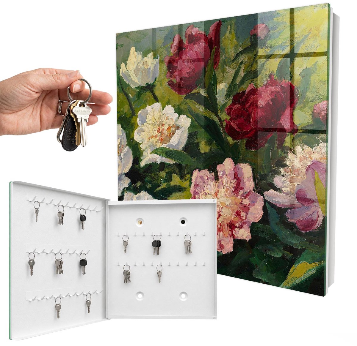 WallMuralia - Sleutelkast - 30x30x5 cm - met 50 haken - Kleurrijke Bloemen Sleutelkastje Industrieel - Groente Sleutelbox - Linksopenend - Wit interieur