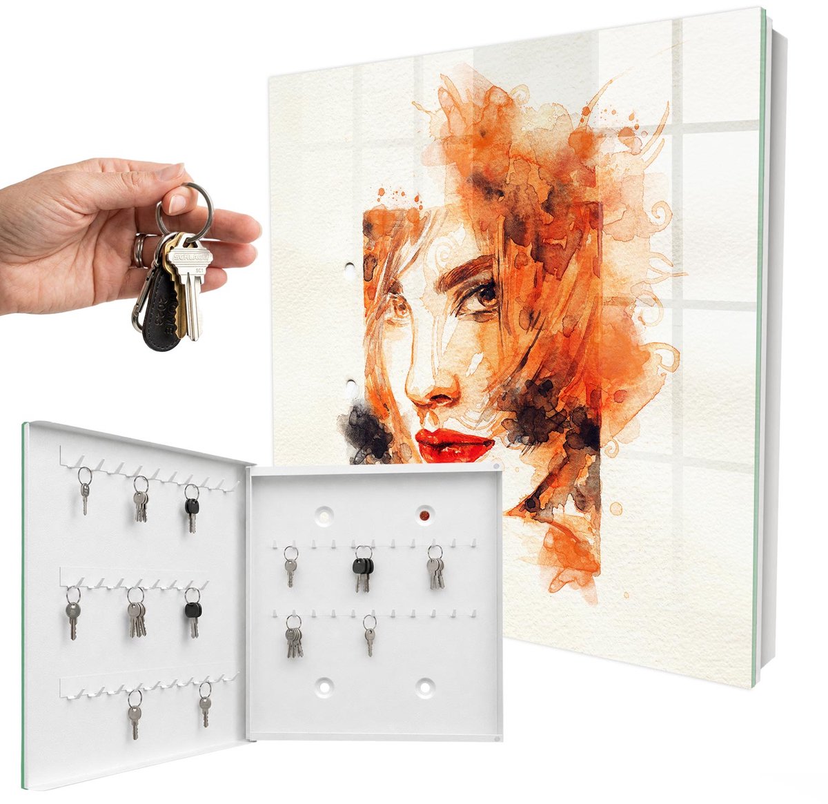 WallMuralia - Sleutelkast - 30x30x5 cm - met 50 haken - Vrouwelijke Aquarel Sleutelkastje Klein - Oranje Sleutelbox - Linksopenend - Wit interieur
