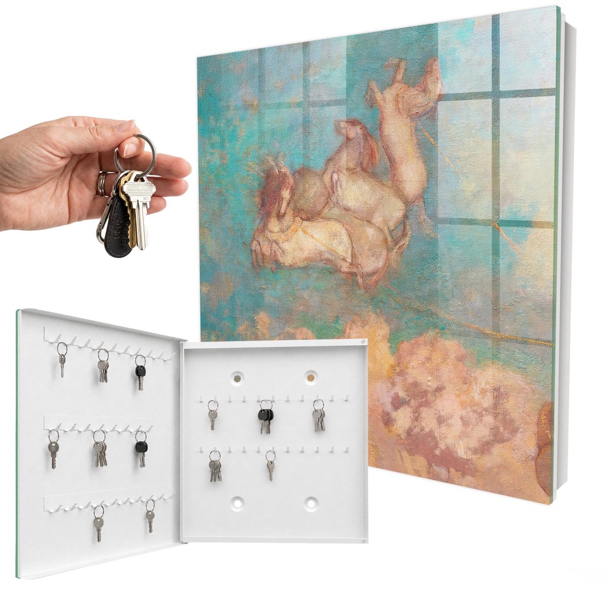 WallMuralia - Sleutelkast - 30x30x5 cm - met 50 haken - Een Droom Die Uitkomt Sleutelkastje Industrieel - Turkoois Sleutelbox - Linksopenend - Wit interieur