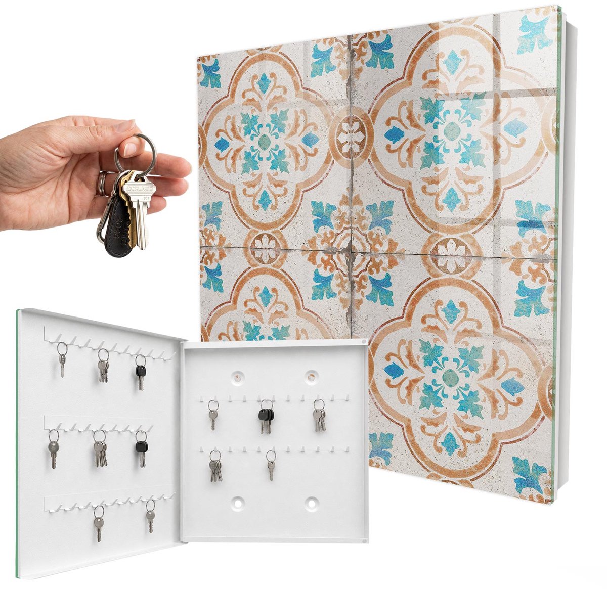WallMuralia - Sleutelkast - 30x30x5 cm - met 50 haken - Tegelpatroon Sleutelkastje Design - Grijs Sleutelbox - Linksopenend - Wit interieur