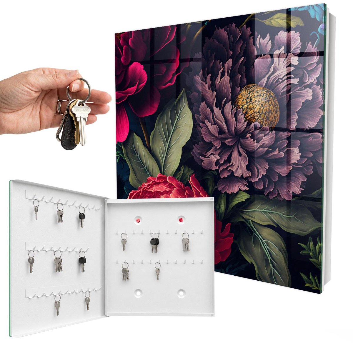 WallMuralia - Sleutelkast - 30x30x5 cm - met 50 haken - Bloemen Van Luxe Groot Sleutelkastje - Paars Sleutelbox - Linksopenend - Wit interieur