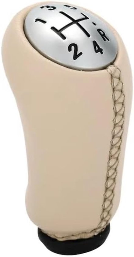 Beige pookknop met handgeschakelde versnellingsindicator (1-2-3-4-R) en beige stiksels.