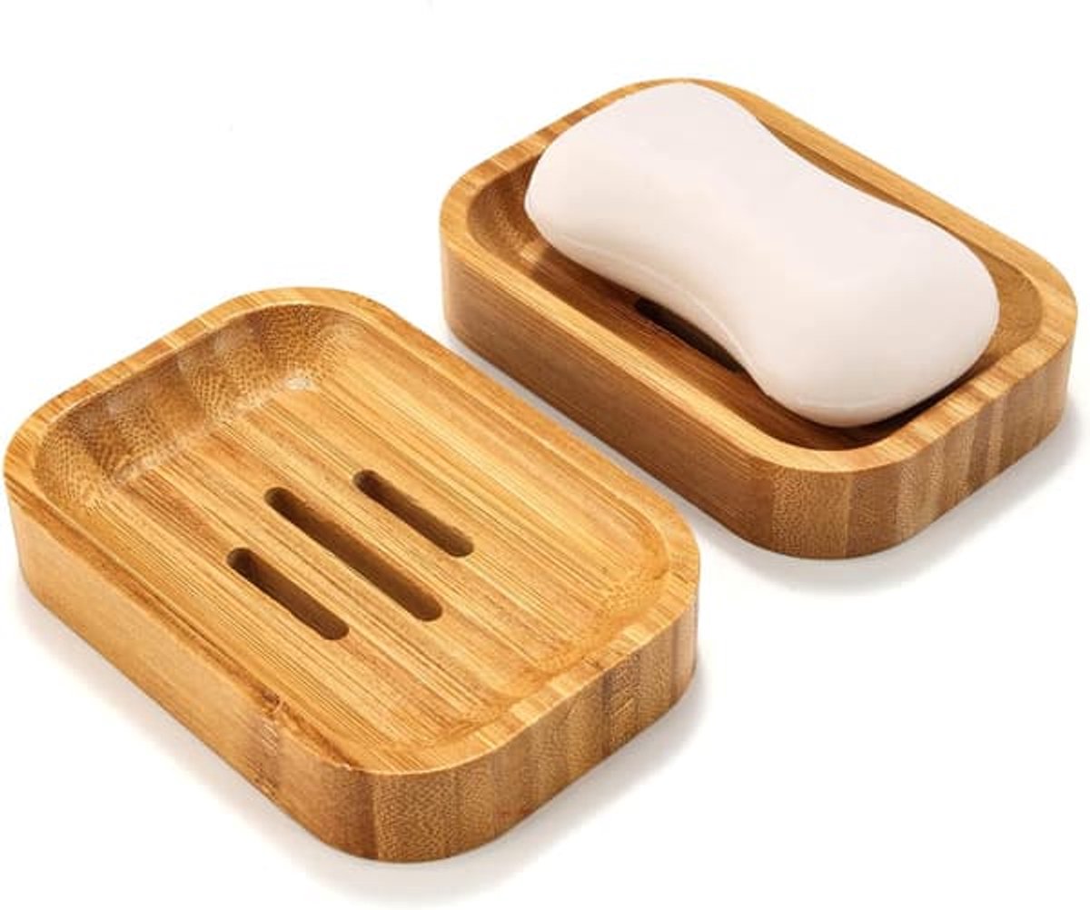 Deze set van twee zeepbakjes is gemaakt van natuurlijk hout en bamboe en is geschikt voor gebruik in de badkamer, keuken, voor sponzen en accessoires.