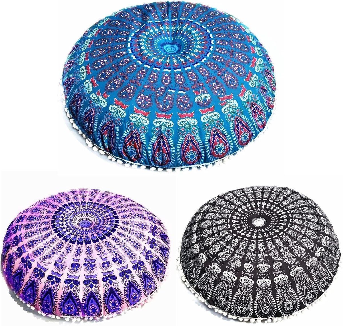 Ronde Katoenen Vloerkussenhoes Bohemian Stijl voor Comfortabele en Decoratieve Thuisinrichting - 80 cm (Blauw)