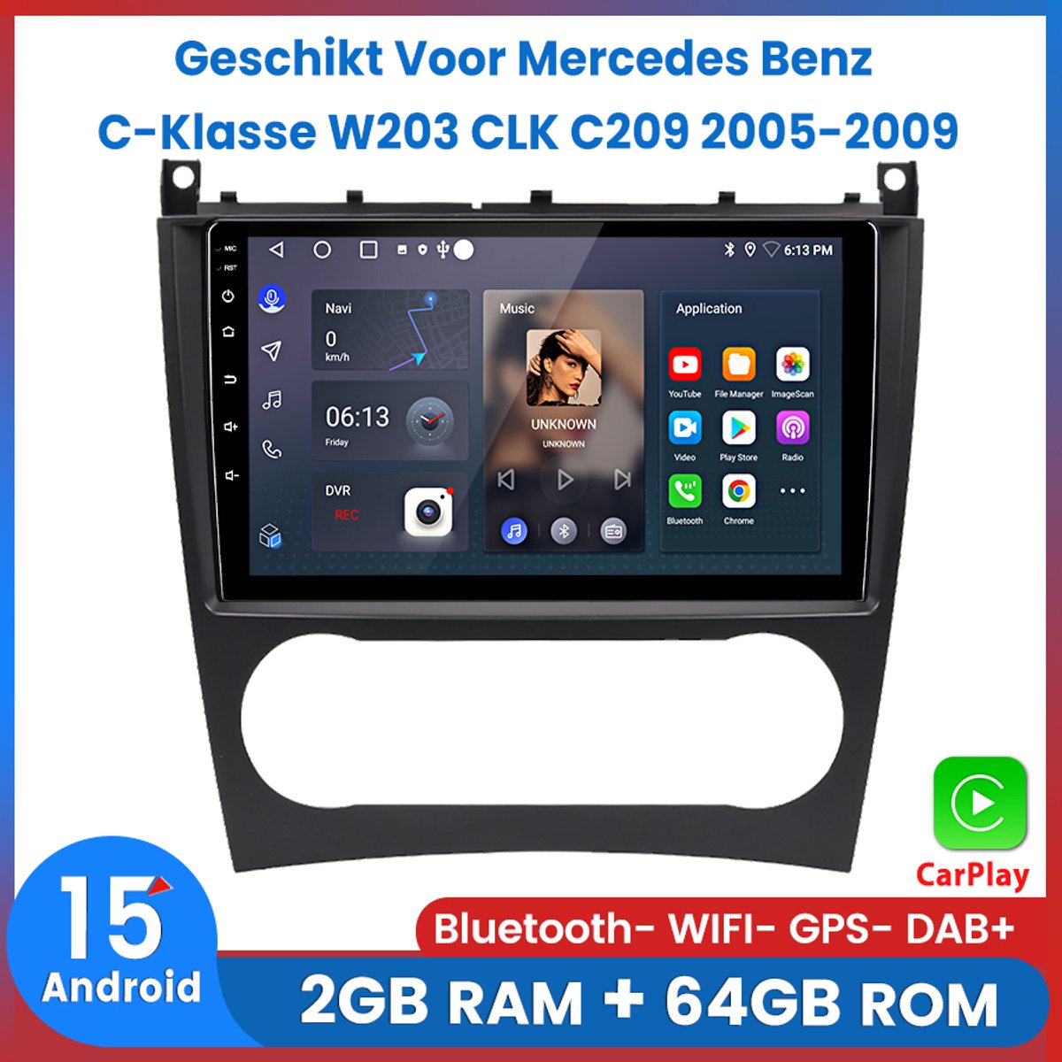 Awesafe Autoradio - Geschikt Voor Mercedes Benz C-Klasse W203 CLK C209 2005 t/m 2009 - 9 inch Scherm - Draadloos Apple CarPlay & Android Auto - Android 15.0 - Ram 2GB + Rom 64GB - GPS Navigatie Bluetooth WIFI - Radio Scherm - 2005 2006 2007 2008 2009