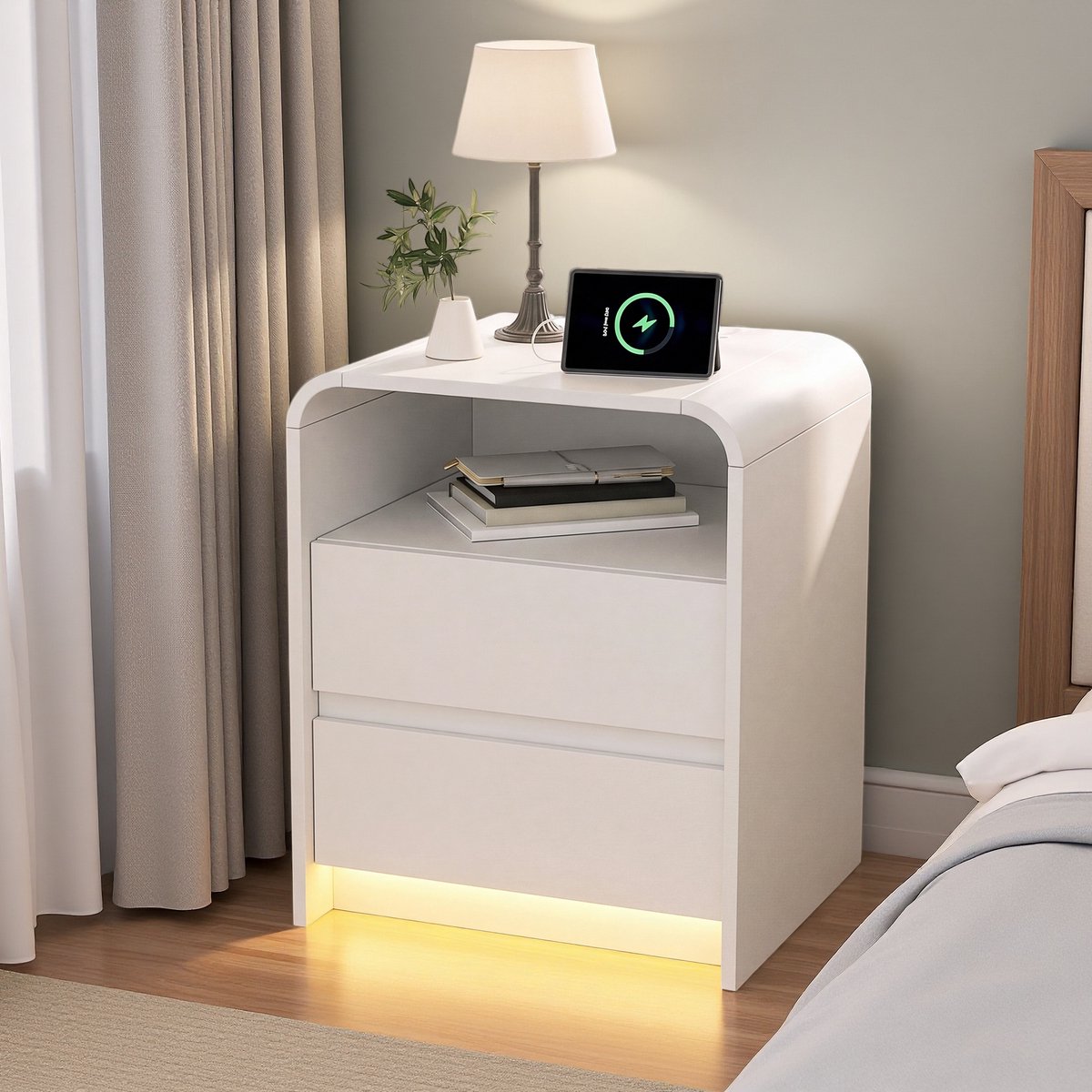Set 2 Nachtkastjes met LED-Verlichting, 2 Lades en 1 Open Vak, Moderne, Minimalistische Slaapkamers Scandinavische Stijl Verlicht Ruimte Geeft Kamer Ruimtelijk Luchtig Gevoel