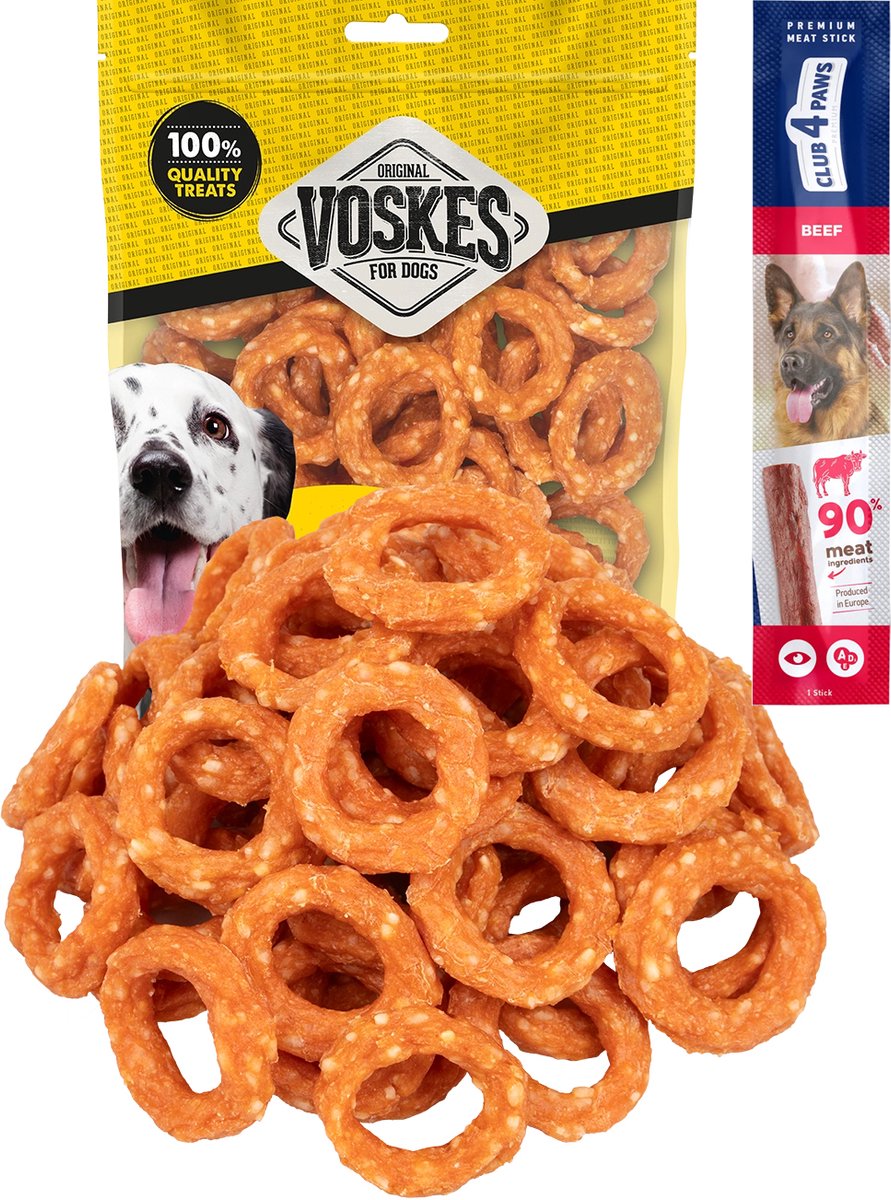 Voskes kip en rijst ringen 2 x 400 gram met gratis Club 4 Paws hondensnack