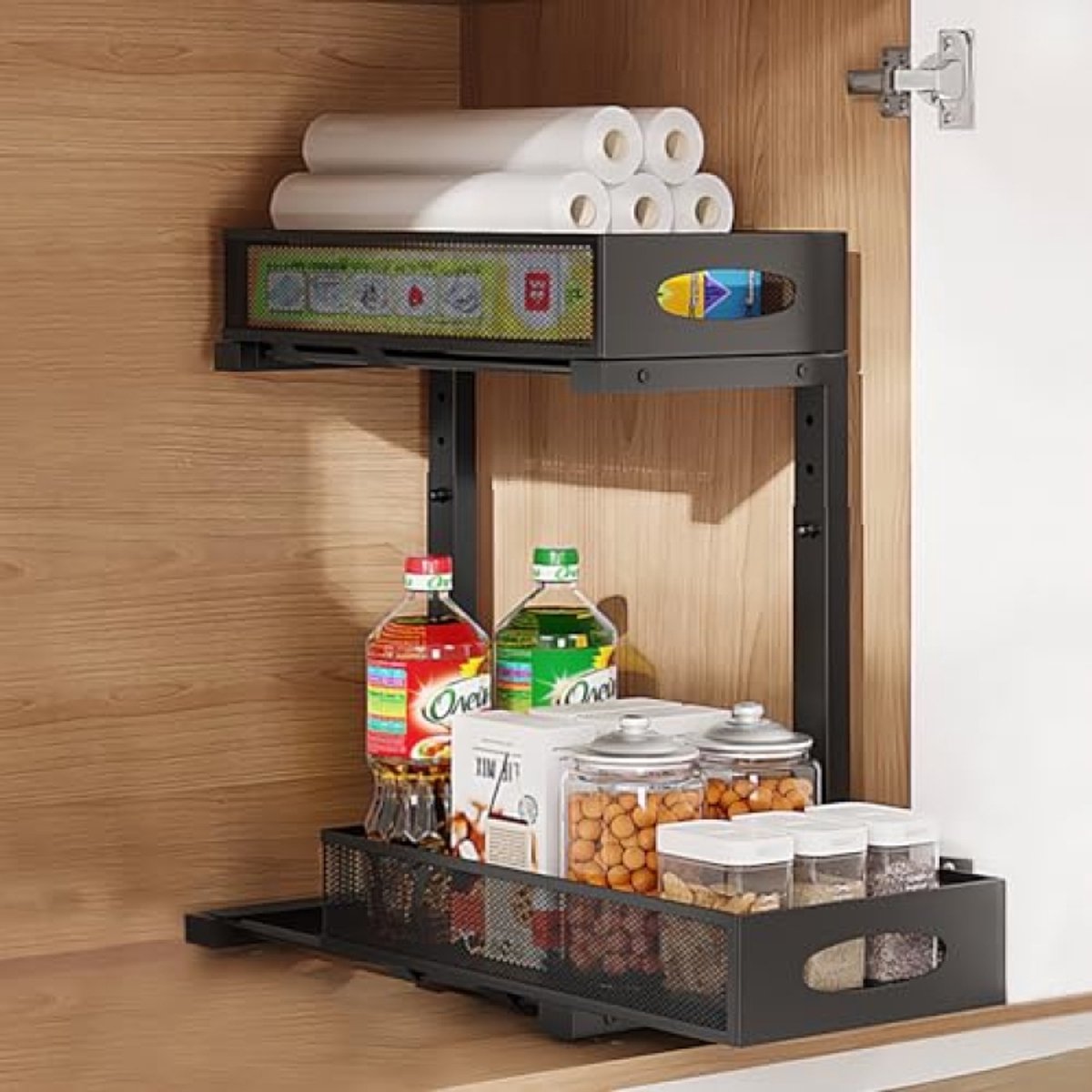 Huis Geluk Keukenorganizer met uitschuifbaar 2-laags metalen rek – voor onder de wastafel, keukenkast, badkamer en schoonmaakmiddelen – zwart