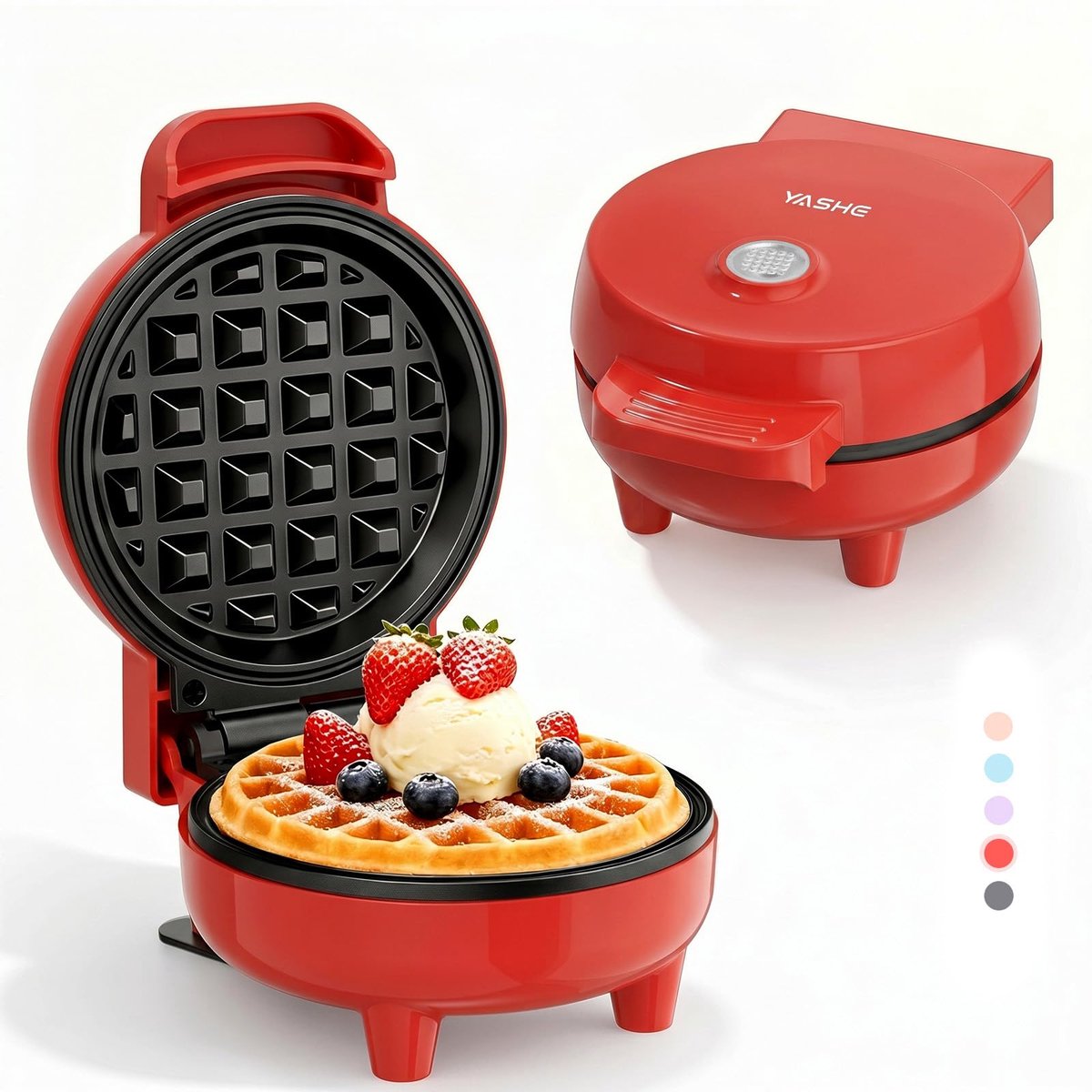 YASHE mini-wafelijzer - 10 cm - 550 W - antiaanbak - rood