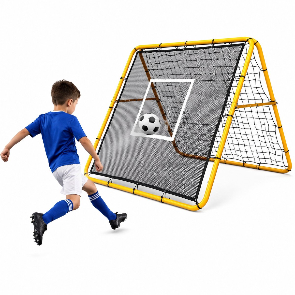 Danky Dubbelzijdig voetbalreboundnet 120x120x106 cm, in 4 standen verstelbare hoek, stevig ijzeren frame, duurzaam PE-net, opvouwbaar en draagbaar voor tuin en training