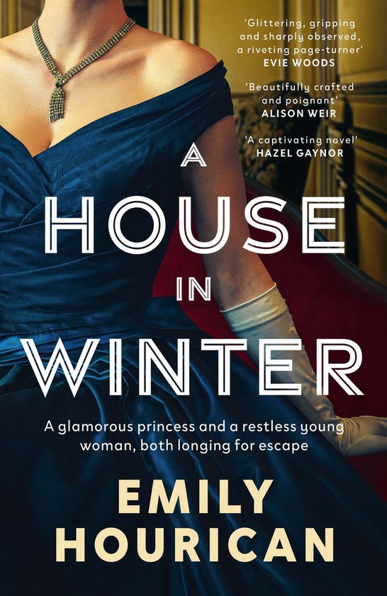 Een vrouw in een blauwe jurk met handschoenen, met de titel 'A HOUSE IN WINTER' door EMILY HOURICAN.