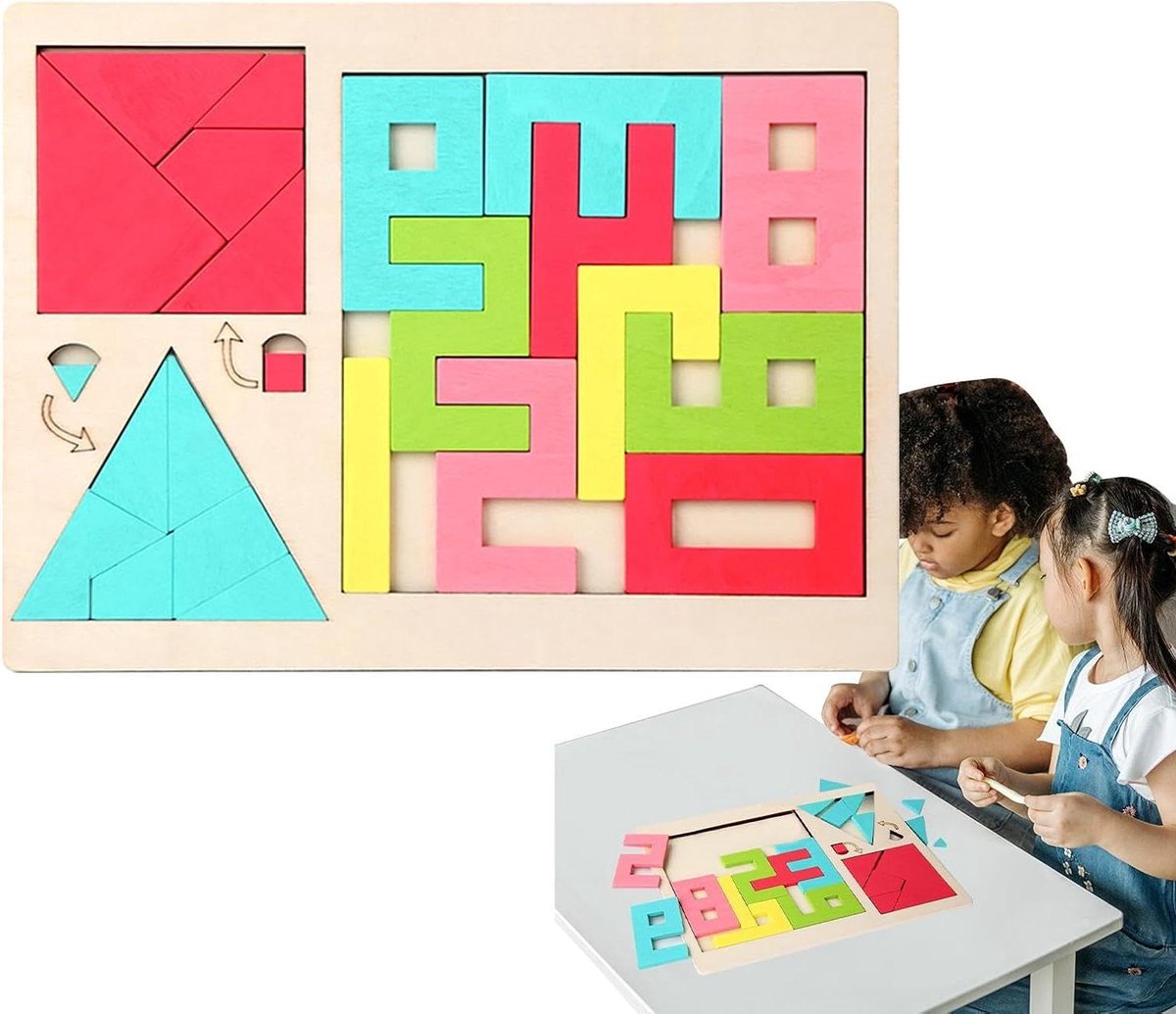Houten Tangram Puzzel - Geometrische Blokken - Cognitieve Vaardigheden - Kindvriendelijk Ontwerp - 30x22.4 cm - Meerdere Kleuren