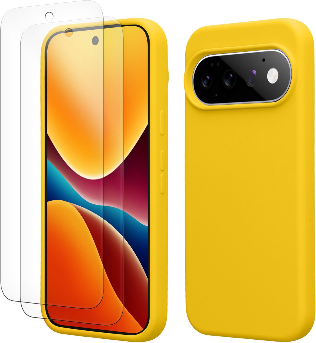 kwmobile hoes met 2x screenprotectors voor Google Pixel 11 Pro XL – screenprotector van gehard glas – draadloos opladen – stralend geel