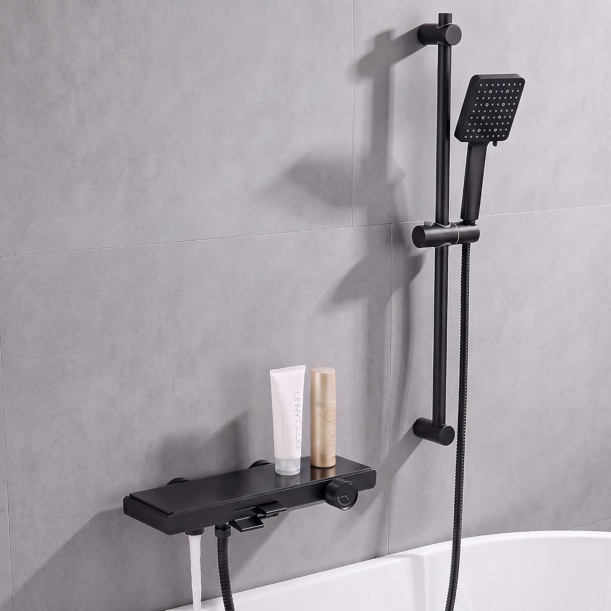 Auralum Max Badkraan met Doucheset - 70 cm RVS Douchestang - Badmengkraan met 6 Standen Douchekop - Met Groot Doucheplank - Piano button Mengkraan - 150 mm Hartafstand - Zwart