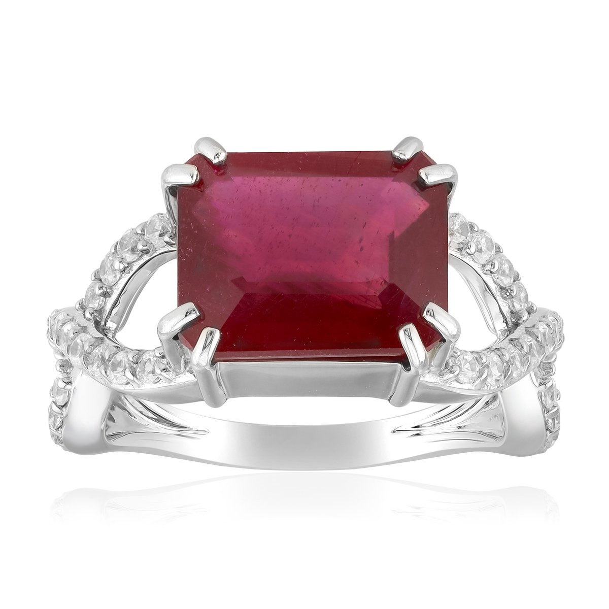 Cavill - 925 Sterling Zilver Ring met 6,143 ct Bemainty Robijn Octogonaal en 0,718 ct Zirkonen Pave - Platina Afwerking - Feestelijk Sieraad