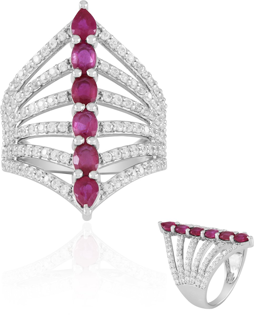 Cavill - Zilveren ring met platina coating - Madagaskar robijn 1,33 ct en zirkonia 1,13 ct - Moderne dames ring - Ovaal & peervormige robijn