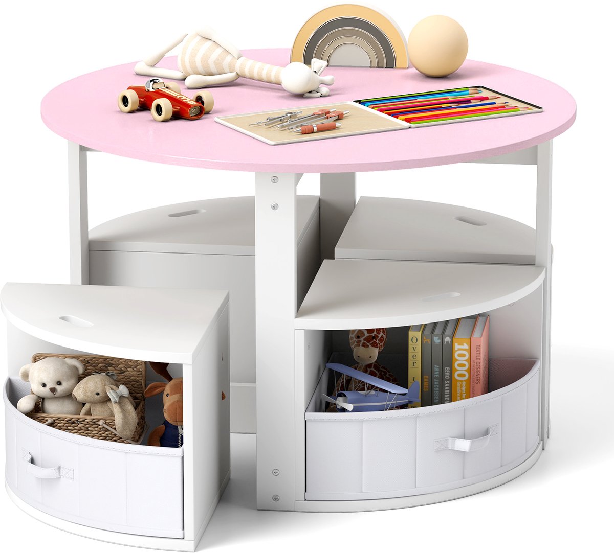 COSTWAY Kindertafel met 4 stoelen, rond, 5-delige kinderzitgroep van hout met 4 opbergkrukken en 4 stoffen laden, schildertafel ruimtebesparend voor kinderkamer, zitgroep voor kinderen vanaf 3 jaar