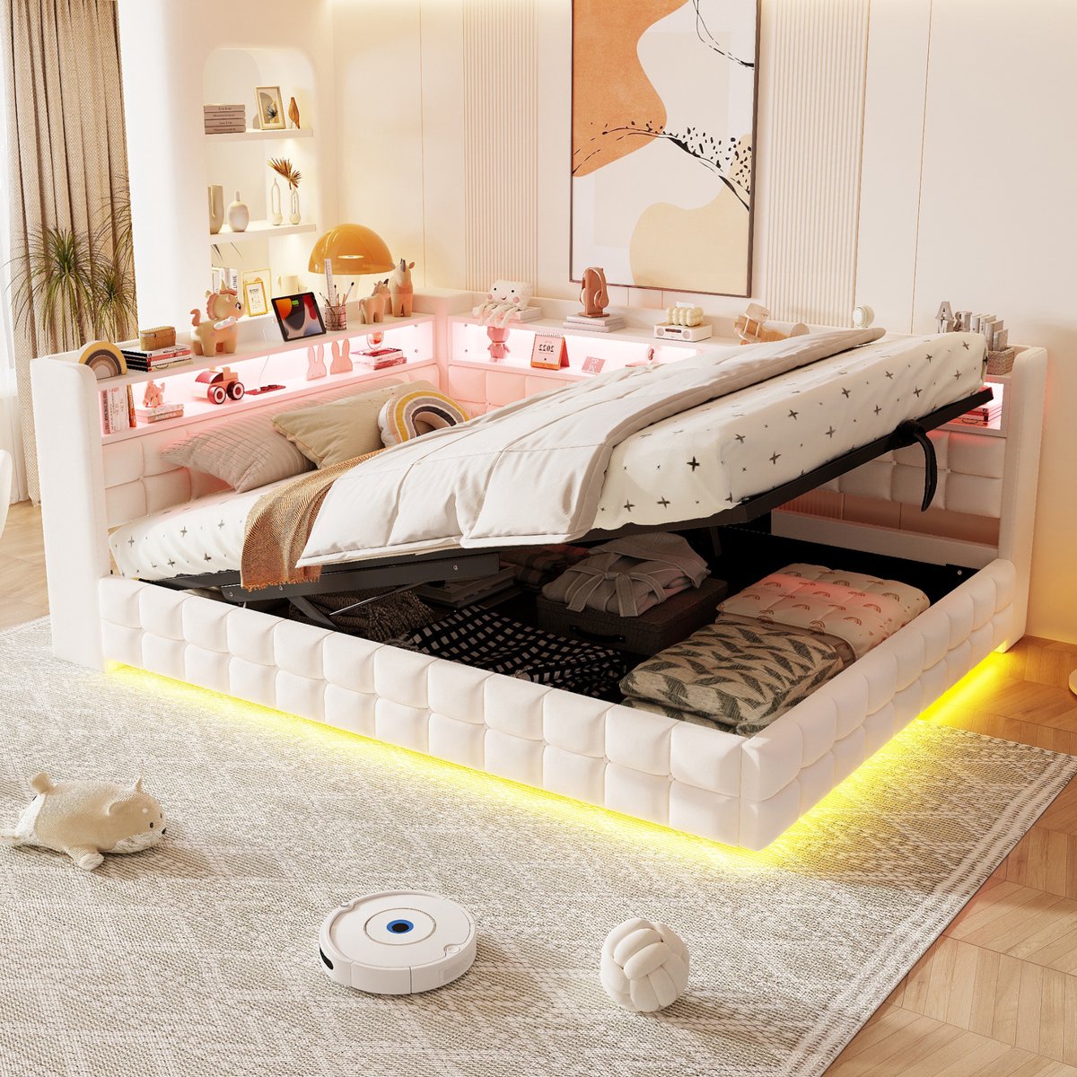 FloraGrace Gestoffeerd Bed 140 x 200 cm - Slaapbank Met Hydraulische Opbergruimte, Ledverlichting En Laadstation - Velours - Beige - Zonder Matras