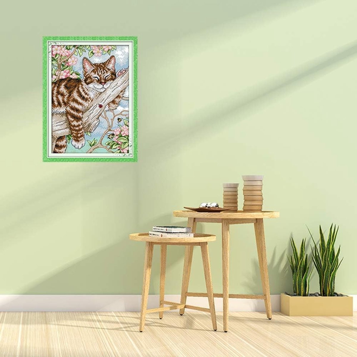Complete DIY Borduurset voor Beginners - Vooraf Geprinte Kit met een Luie Kat in een Boom, 27 x 39 cm, Creatief Borduren en Handwerk