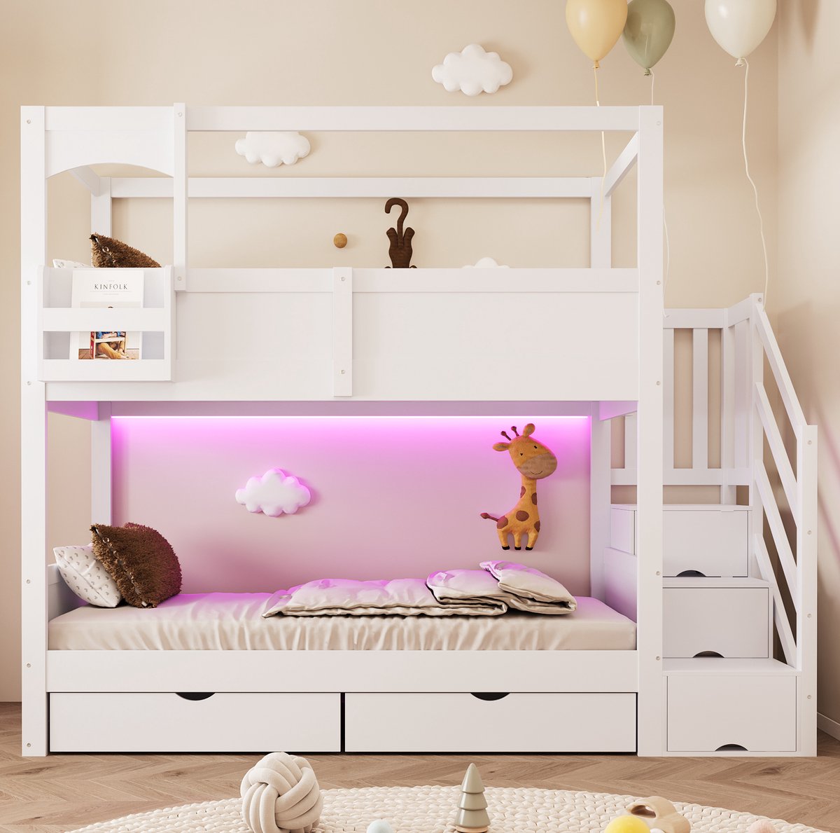 FloraGrace Stapelbed 90 x 200 cm - Huisstijl Kinderbed Met Opbergladder, Tafel en Lades - Hout - Wit - Zonder matras