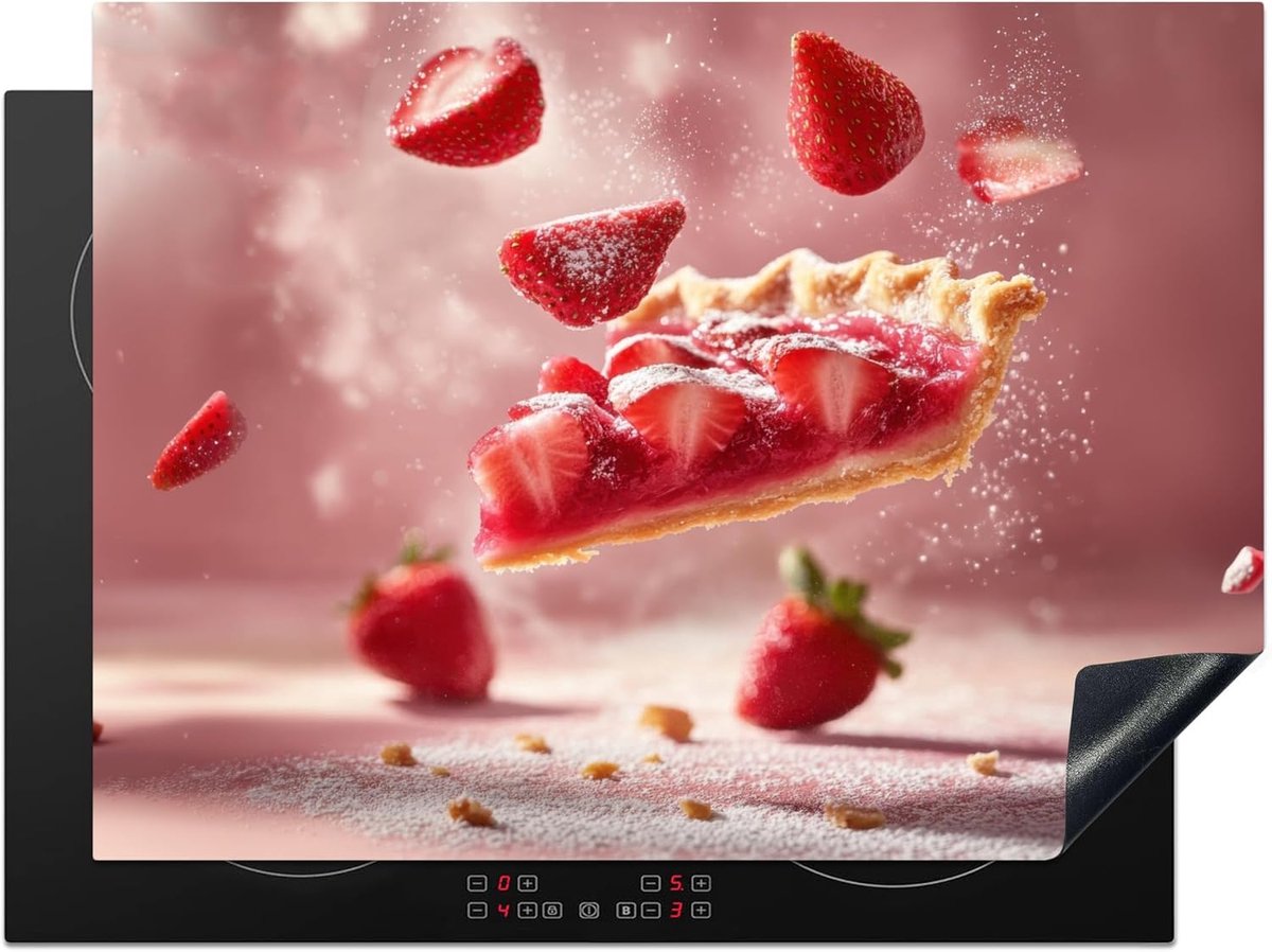 SnelShoppen - Inductiebeschermer 71x52cm Keuken Decoratie Kookplaat Bescherming Antislipmat - Aardbei - Taart - Voedsel - Roze