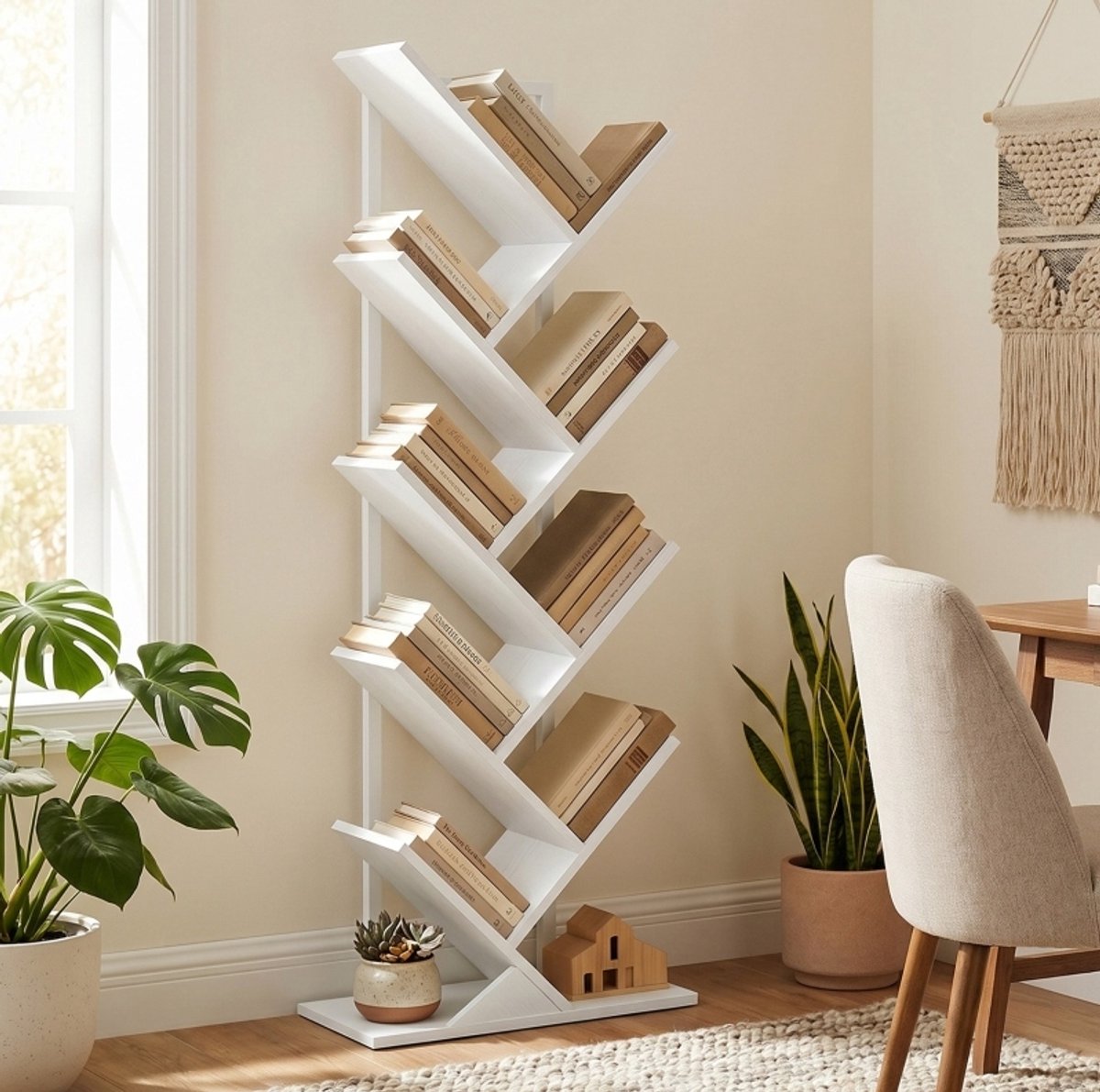 COVREO Boekenkast 50x24x136 cm wit, hout en staal open opbergruimte