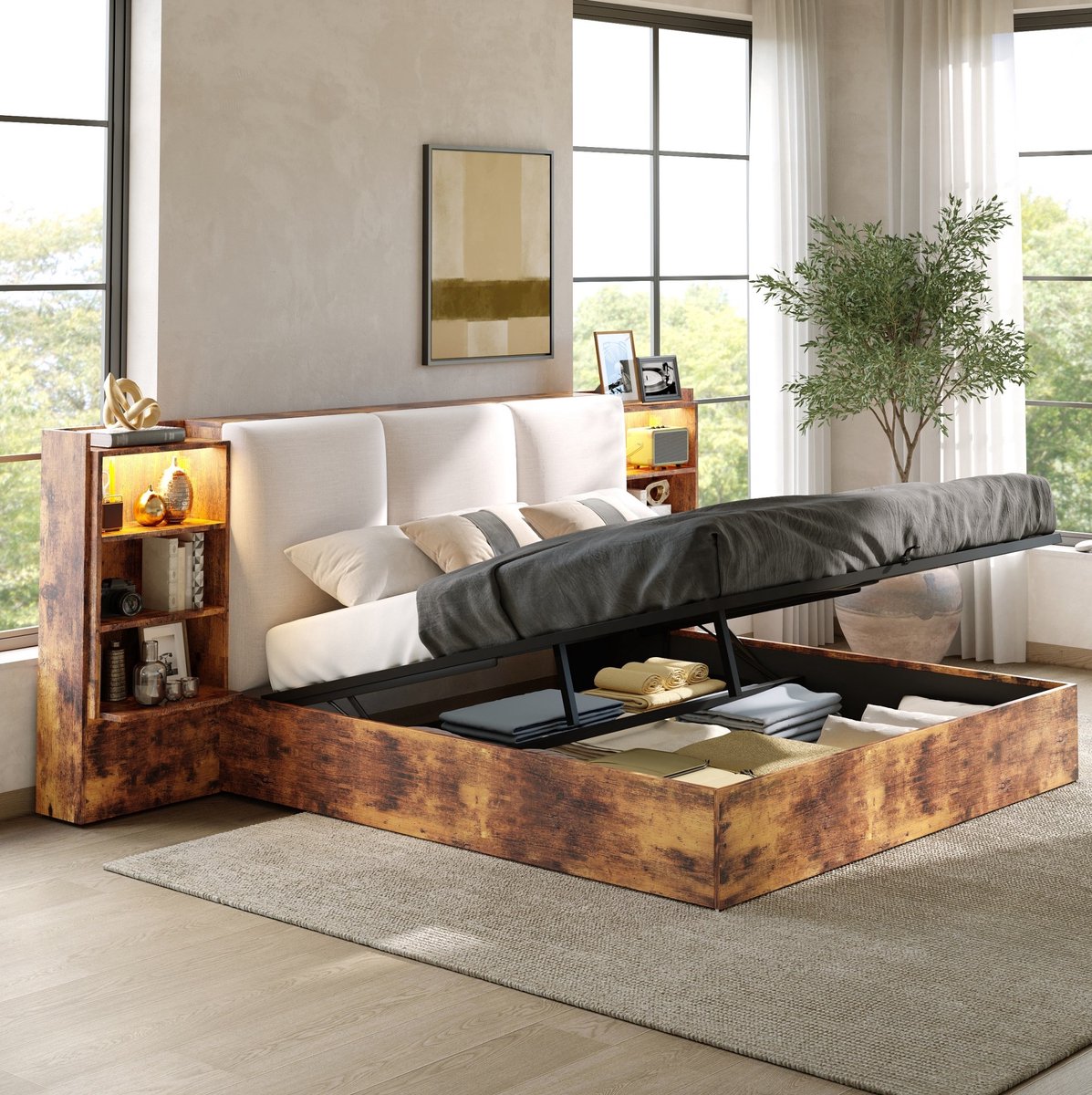 FloraGrace Gestoffeerd Bed 180x200cm - Bedframe Met Opbergruimte En Led Verlichting - Hoofdbord Met Kasten - Hout En Stof - Bruin - Zonder Matras