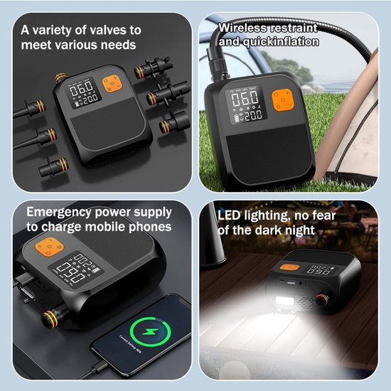 Elektrische SUP-pomp 25 PSI, oplaadbare elektrische paddle-opblaaspomp 8000mAh USB-C / auto DC12V, 6 SUP-mondstukken, snelle opblaaspomp met automatische stopfunctie voor luchtmatrassen, kano's, kajaks en opblaastenten. van Merkloos — afbeelding 3