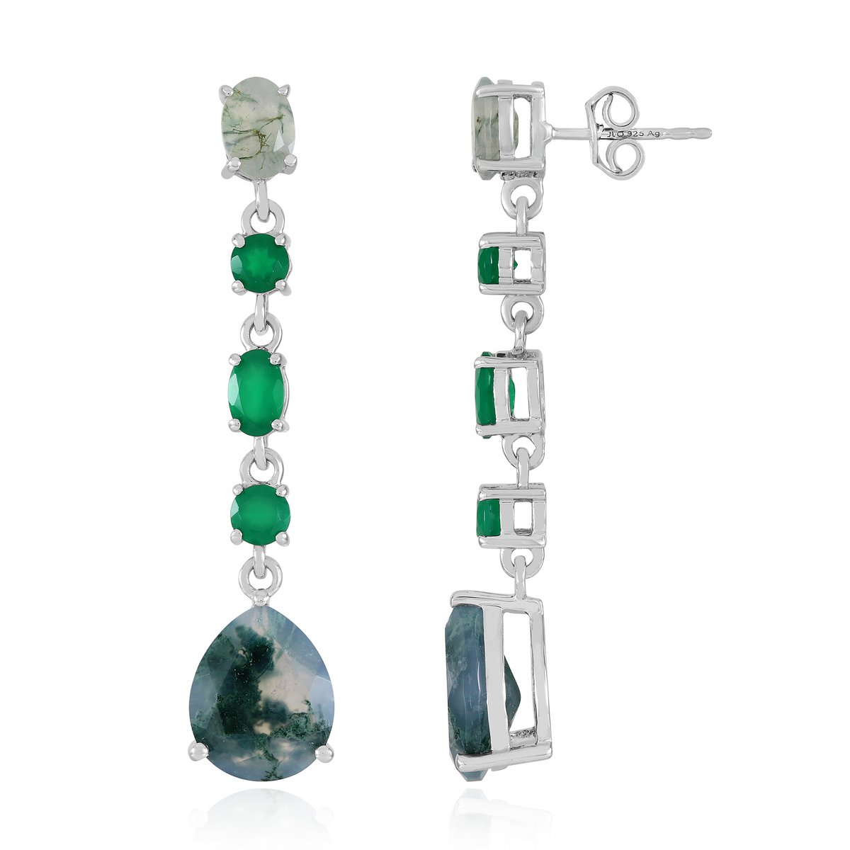 Cavill - Oorbellen 925 Sterling Zilver Gerhodineerd - Mosagaat & Groene Agaat 8,56 ct - Peervorm & Ovaal - Elegante Dames Sieraden