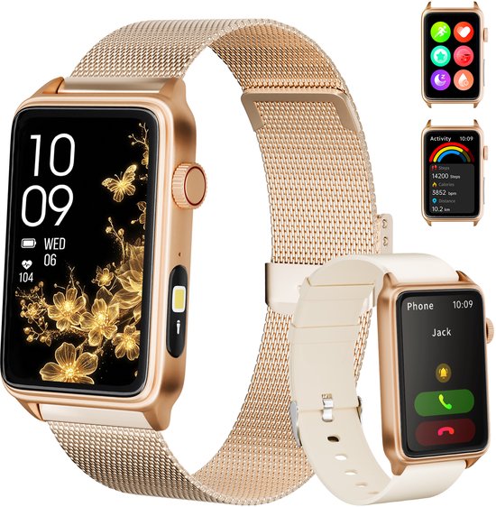 Gouden smartwatch met gouden mesh band en een beige siliconen band. Toont verschillende wijzerplaten en apps.