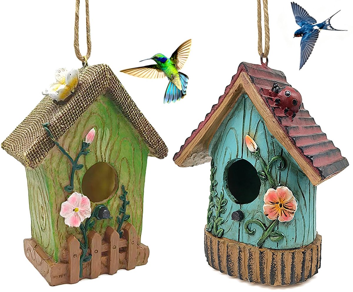Namajunas - 2 stuks hangende vogelhuisjes - Cosy bird house en feeder - Tuin decoraties - Kleurrijk decoratie schattig vogelhuisje van hars - Geschikt voor buiten gebruik als nestmateriaal, en voor de decoratie van tuin en achtertuin