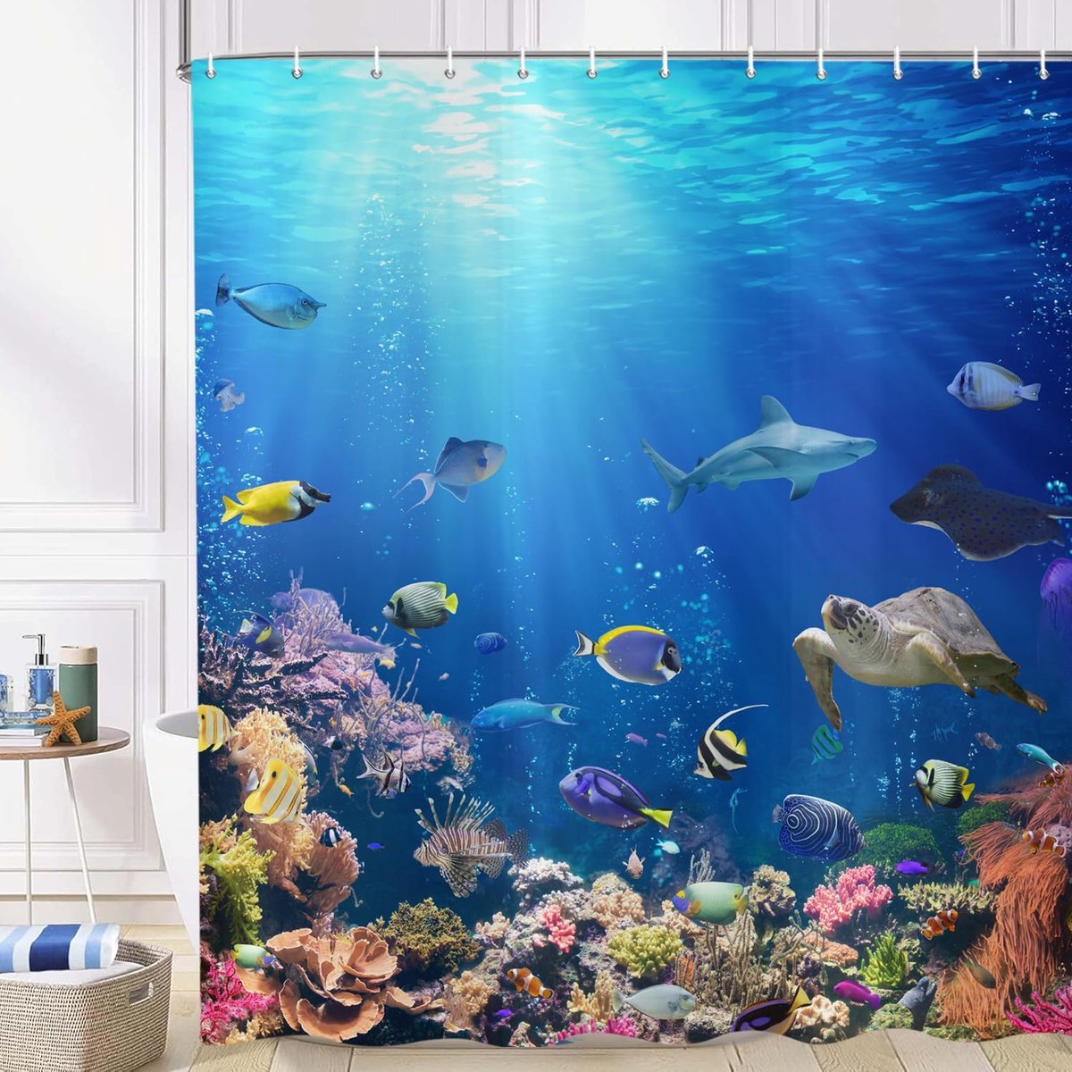 SnelShoppen - Ocean Douchegordijn 180x200 cm, Kleurige Vissen en Koraal, Schildpad en Haai, Waterdicht Polyester, Wasbaar, Badkamer Gordijn voor Zomer