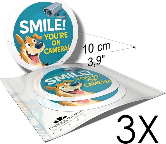 SnelShoppen - Waarschuwingsstickers - Beveiligingscamera - Glimlach. Je bent op camera (hond) - 3 ronde stickers - 10 cm diameter - Waterdicht voor bi — afbeelding 3