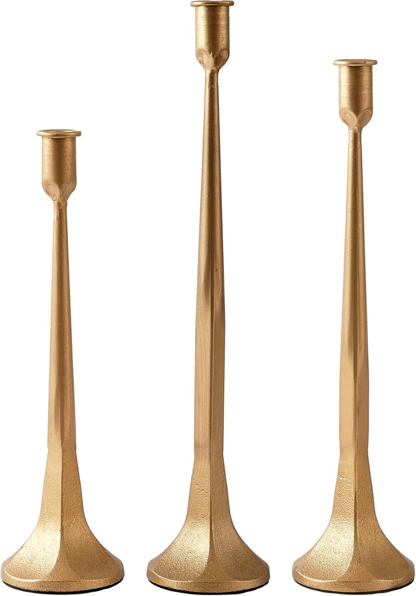 SnelShoppen - Set van 3 Gouden Taper Kaarsenhouders, Decoratieve Kandelaar voor Bruiloft, Eettafel, Huisdecoratie, Hoogwaardige Gietijzer, Vintage Sti