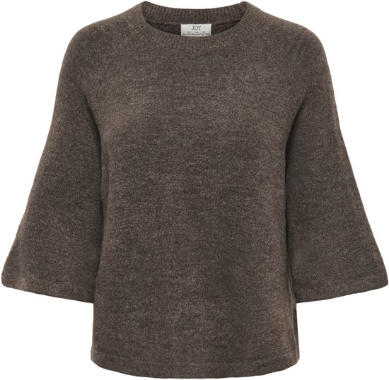 Bruine trui met driekwart klokmouwen, ronde hals en raglanmouwen. Het JDY-logo is zichtbaar op het label.