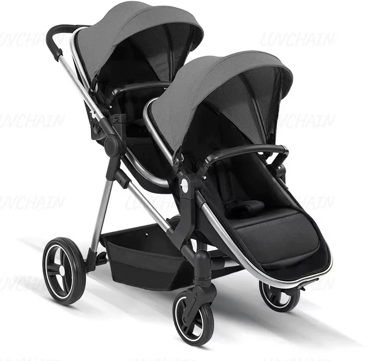 Tweeling Kinderwagen Duo - Compact Inklapbaar - Verstelbare Zittingen - Inclusief Opbergmand - Zwart- Grijs