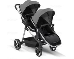 Tweeling Kinderwagen Duo - Compact Inklapbaar - Verstelbare Zittingen - Inclusief Opbergmand - Zwart- Grijs
