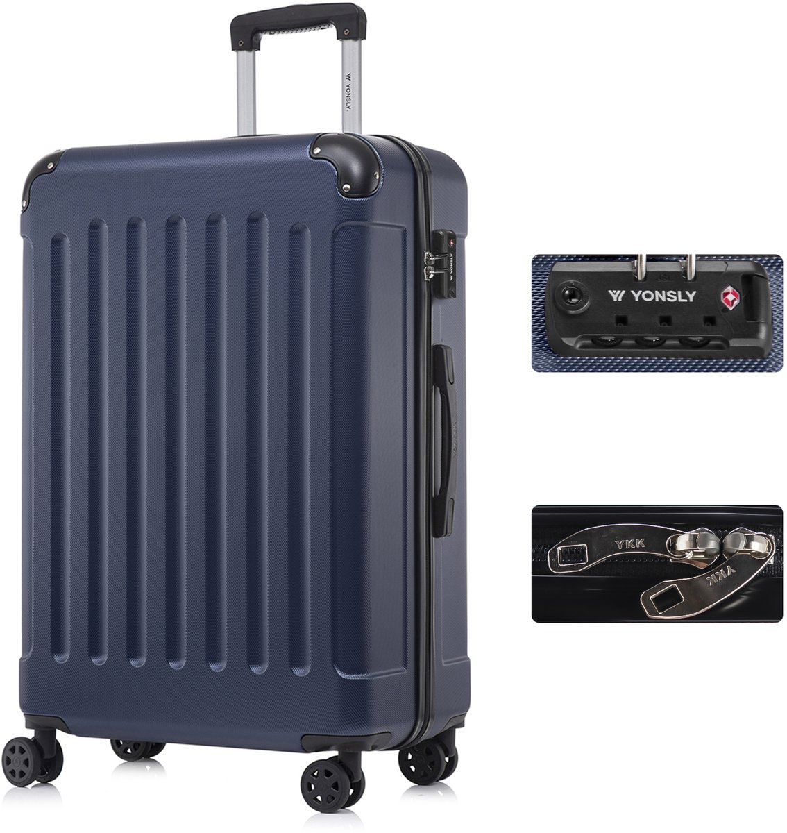 YONSLY Handbagage Koffer - 76 x 49 x 29 cm - 98 L - TSA Slot - 360° Draaibare Wielen - Grote Trolley - Donkerblauw