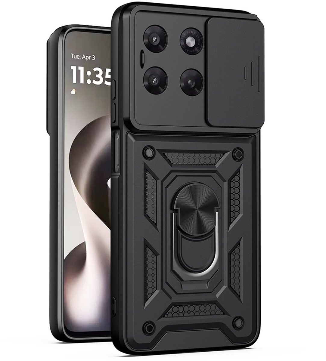 MobyDefend Hoesje - Geschikt voor Motorola Moto G37 Power - Pantsercase Met Draaibare Ring - Zwart