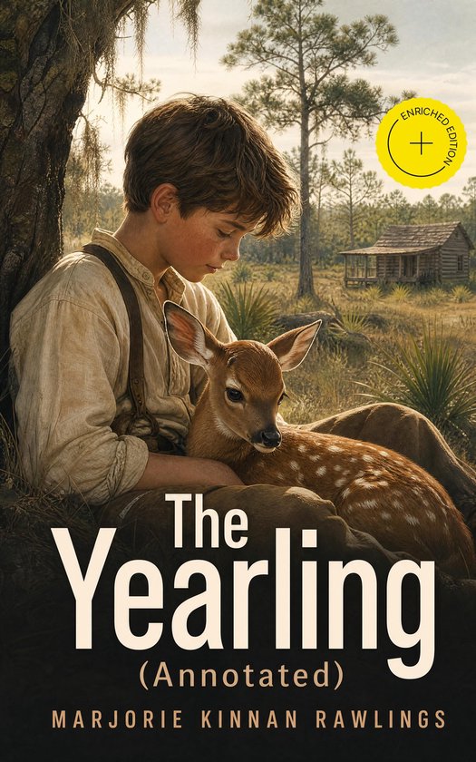 Boekhoes met een jongen die een hertje vasthoudt onder een boom. De titel "The Yearling (Annotated)" staat op de voorkant.