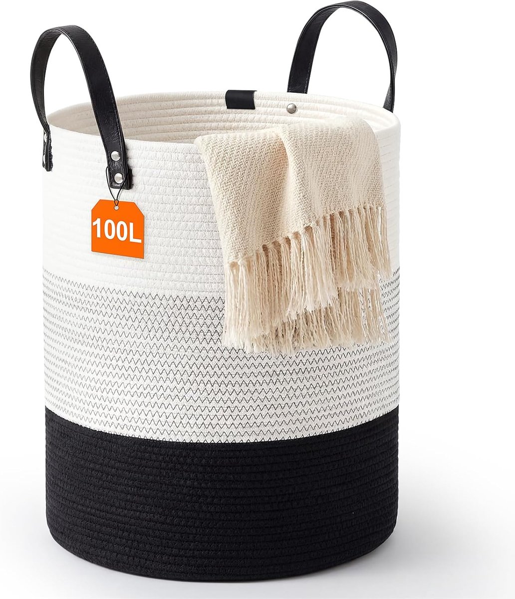 SnelShoppen - 100L Katoenen Vlechtmand Grote Opbergmand | Kinderkamer Wasmand met Handvatten, Duurzame en Stijlvolle Wasmand voor Thuis, Handig voor V