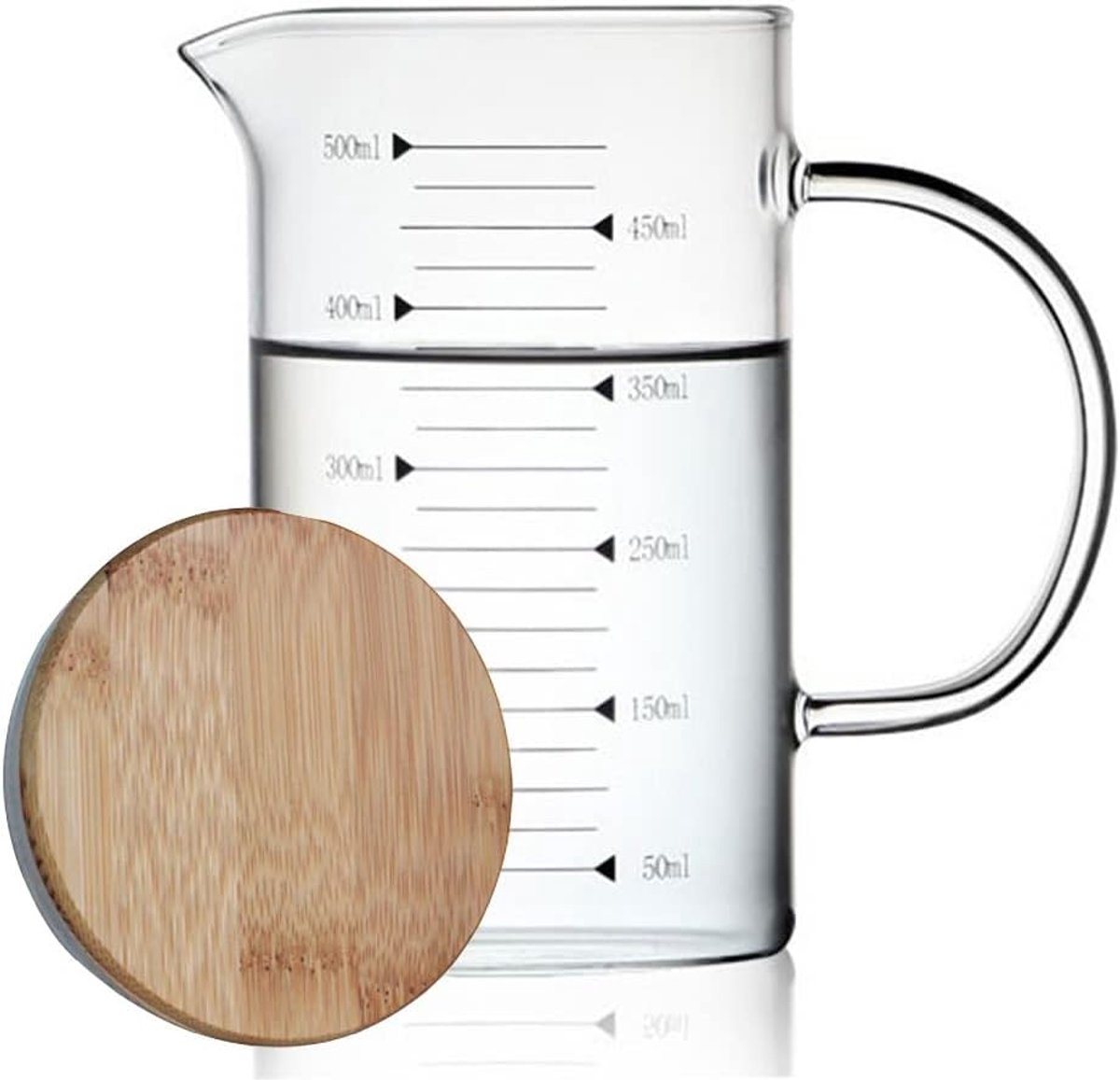SnelShoppen - Glazen Maatbeker met Bamboedeksel, Meetkan voor Keuken, 500ml, Borosilicaatglas, Hoogte 15cm, Ideaal voor Koken en Bakken