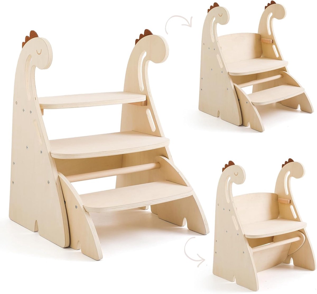 SnelShoppen - Houten Montessori 3-Trede Stapstoel voor Kinderen - Dinosaurussen - Vouwbare Leerentoren - Hoogte Verstelbare Hoge Stoel - Ideaal voor K