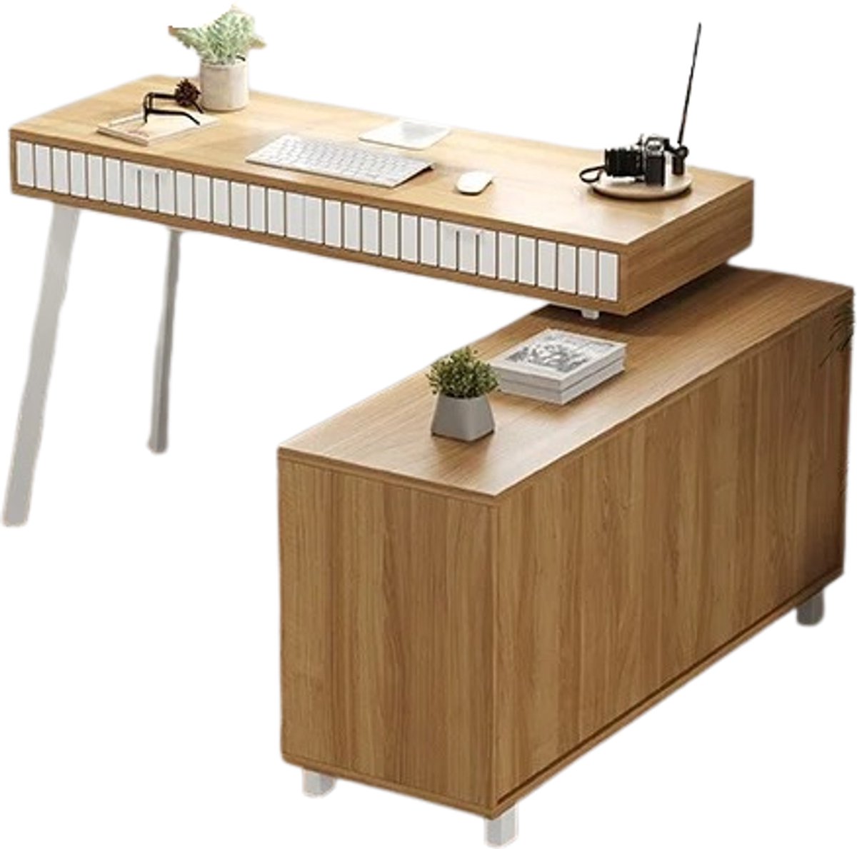 Emvae Bureau - Hoekbureau - Met opbergruimte - Met Lade en Kast - 140 x 120 x 76,5 m - Naturel met Wit