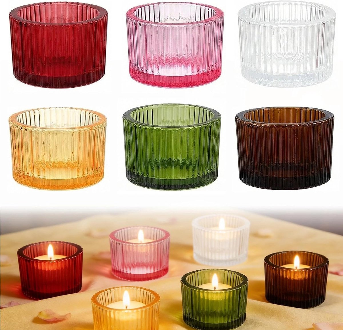 SnelShoppen - Set van 6 Theelichthouders Glas Kleurrijke Theelichtjes Mini Gekleurde Theelichthouders Elegante Kleine Kaarsenhouders voor Verjaardag,